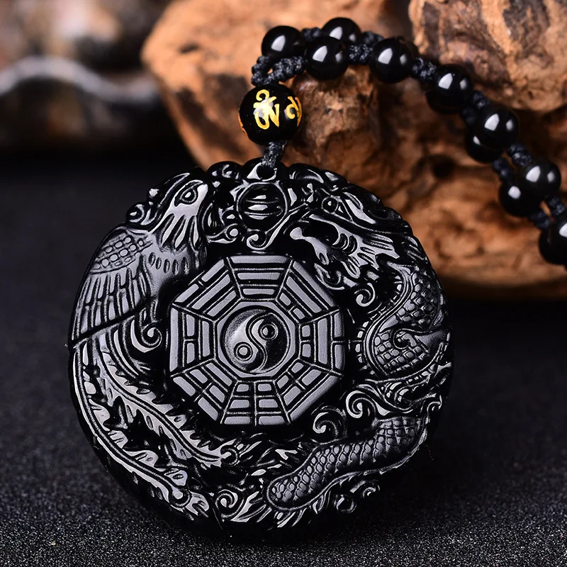 

Natural Black Obsidian Dragon Phoenix Bagua Pendant Necklace Chinese Hand-Carved Fashion Charm Jewelry Amulet for Men Women Gift