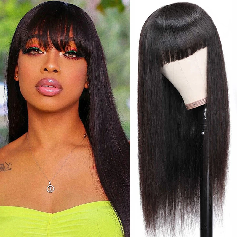 ZZY Brazilian Straight Human Hair Wigs with Bangs Full Machine Made Human Hair Wigs Glueless Wigs for Women 8-28 Inch