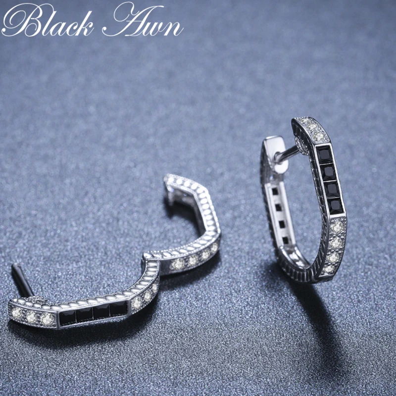 

Black Awn Classic 925 Sterling Silver Round Black Trendy Spinel Engagement Hoop Earrings for Women Fine Jewelry Bijoux I120