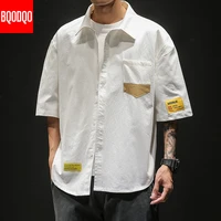 japan style white short sleeve casual shirts men black fashion loose top male oversized cotton military summer social shirt male