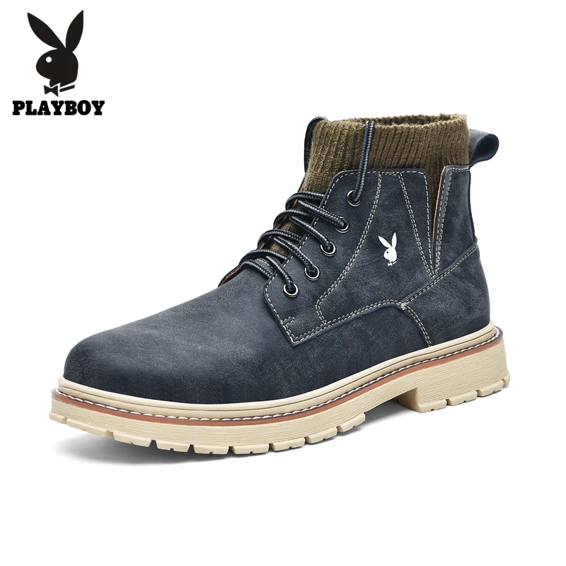PLAYBOY/Новые ботинки; мужские кожаные кроссовки; модные зимние теплые ботинки; Мужская дышащая обувь на шнуровке; мужская повседневная обувь - Цвет: Темно-серый