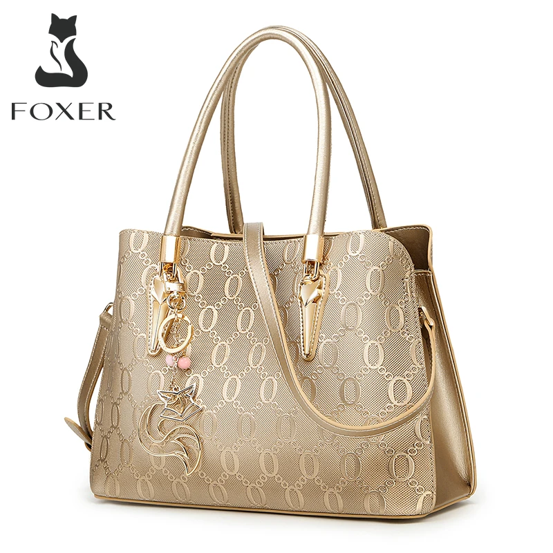 FOXER Chic Women Leather Handbag Fall Winter Large Capacity Lady Top Handle Tote Bag Classic Purse Luxury Shoulder Crossbody Bag