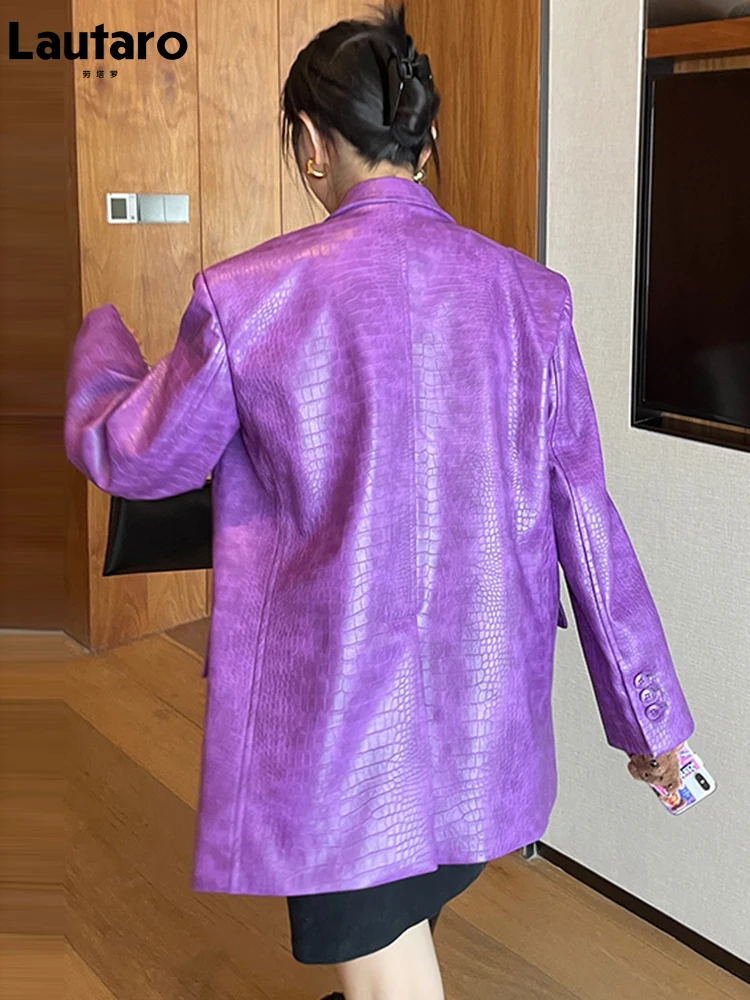 Lautaro Осенний блестящий фиолетовый кожаный пиджак с крокодиловым узором для