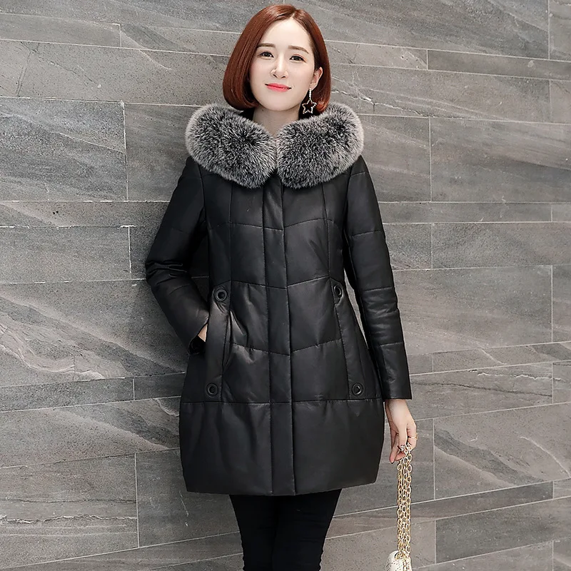 Plus Size Women Real Fox Fur Collar Genuine Leather Trench Coat Long