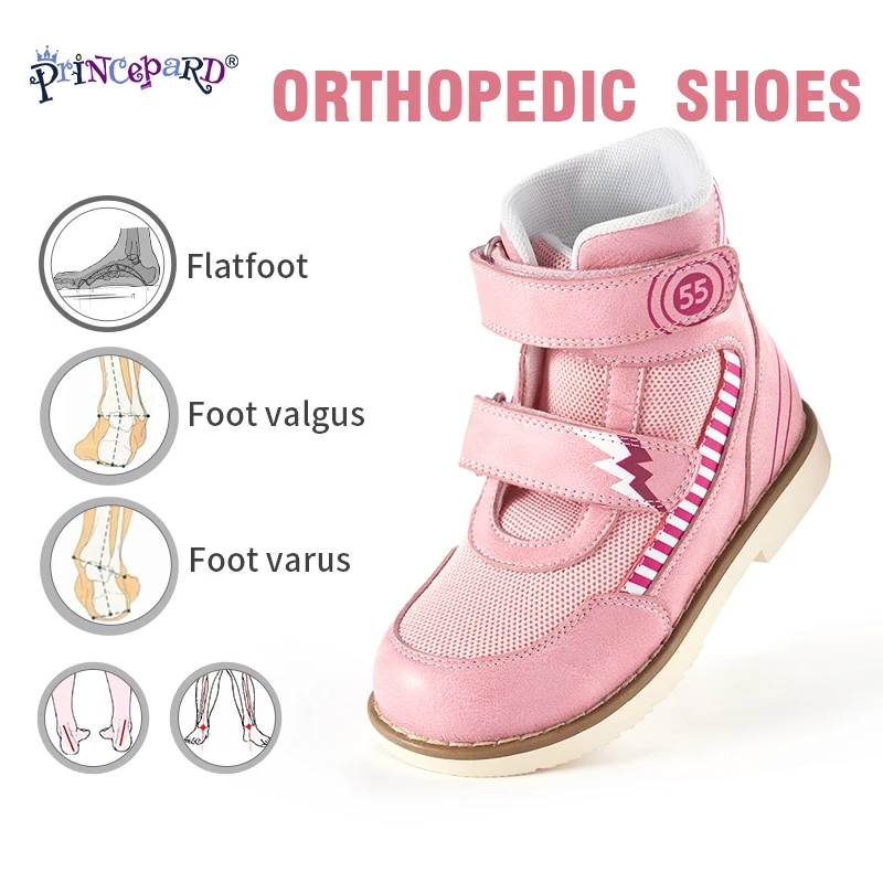 Princepard Autumn Orthopedic Sneakers Pink Gray Kids Orthopedic Shoes with Arch Support Genuine Leather Size European 19-37