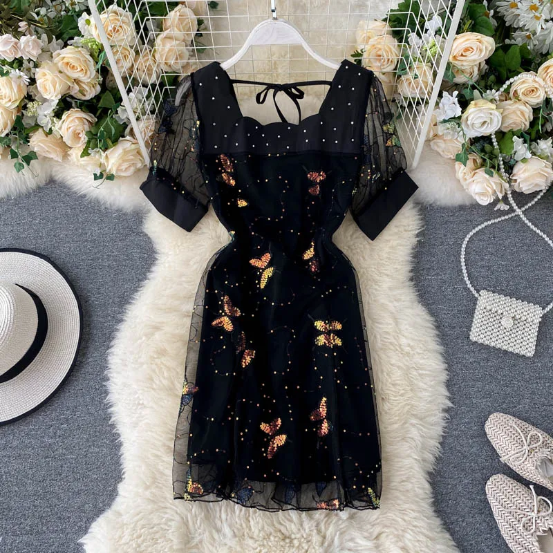 Женское платье с коротким рукавом облегающее Сетчатое блестками и пышными