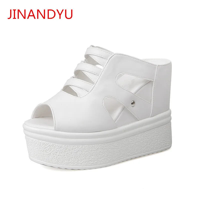 

Сандалии женские кожаные на платформе, босоножки на танкетке, высокий каблук, Повседневные тапочки, туфли-лодочки, цвет черный/белый, лето