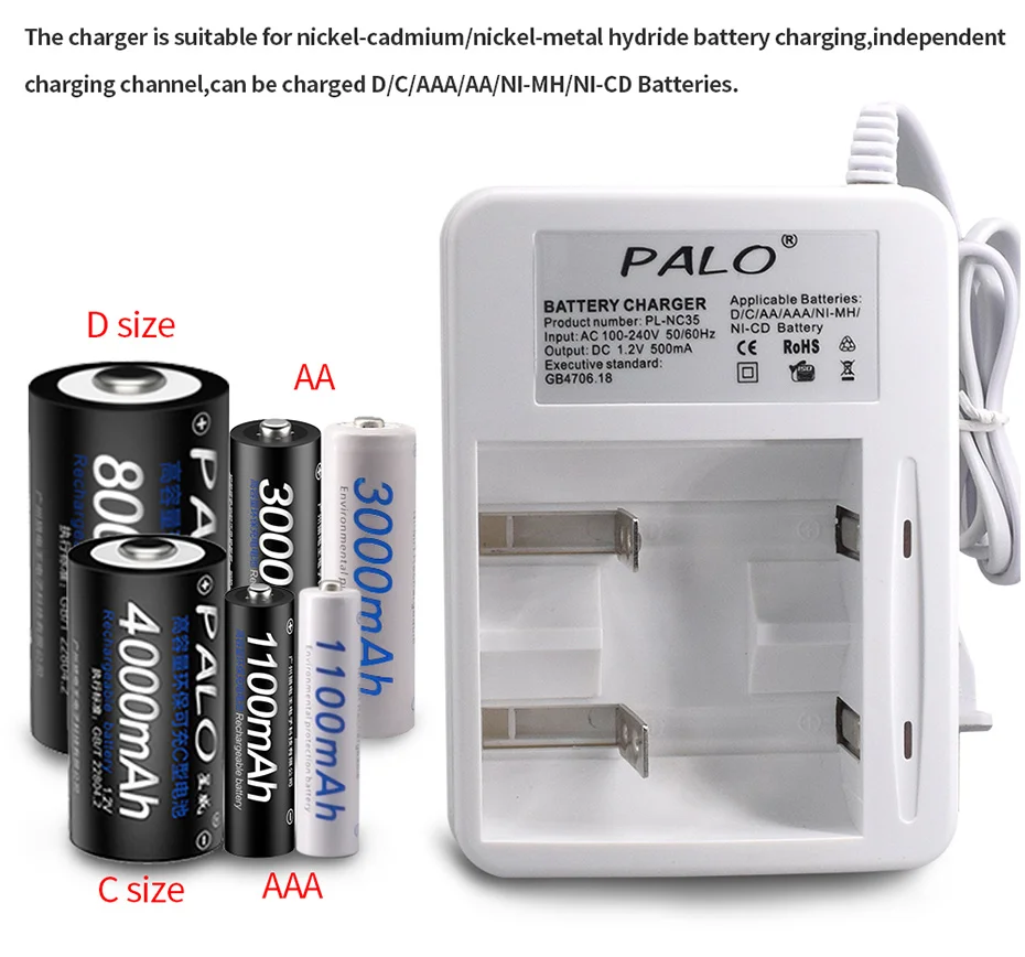 PALO 4 шт 8000mAh D перезаряжаемые батареи+ NC35 Быстрая зарядка интеллектуальное зарядное устройство для AA AAA 2A 3A C D Ni-MH ni-cd