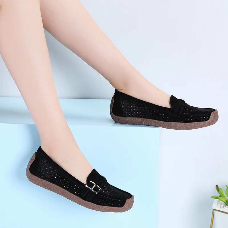 

Retro Hand Stitched Women Flat Shoes Hollow Suede Womens Shoes Simple Solid Color Women's Soft Fashion Breathable Shoes
