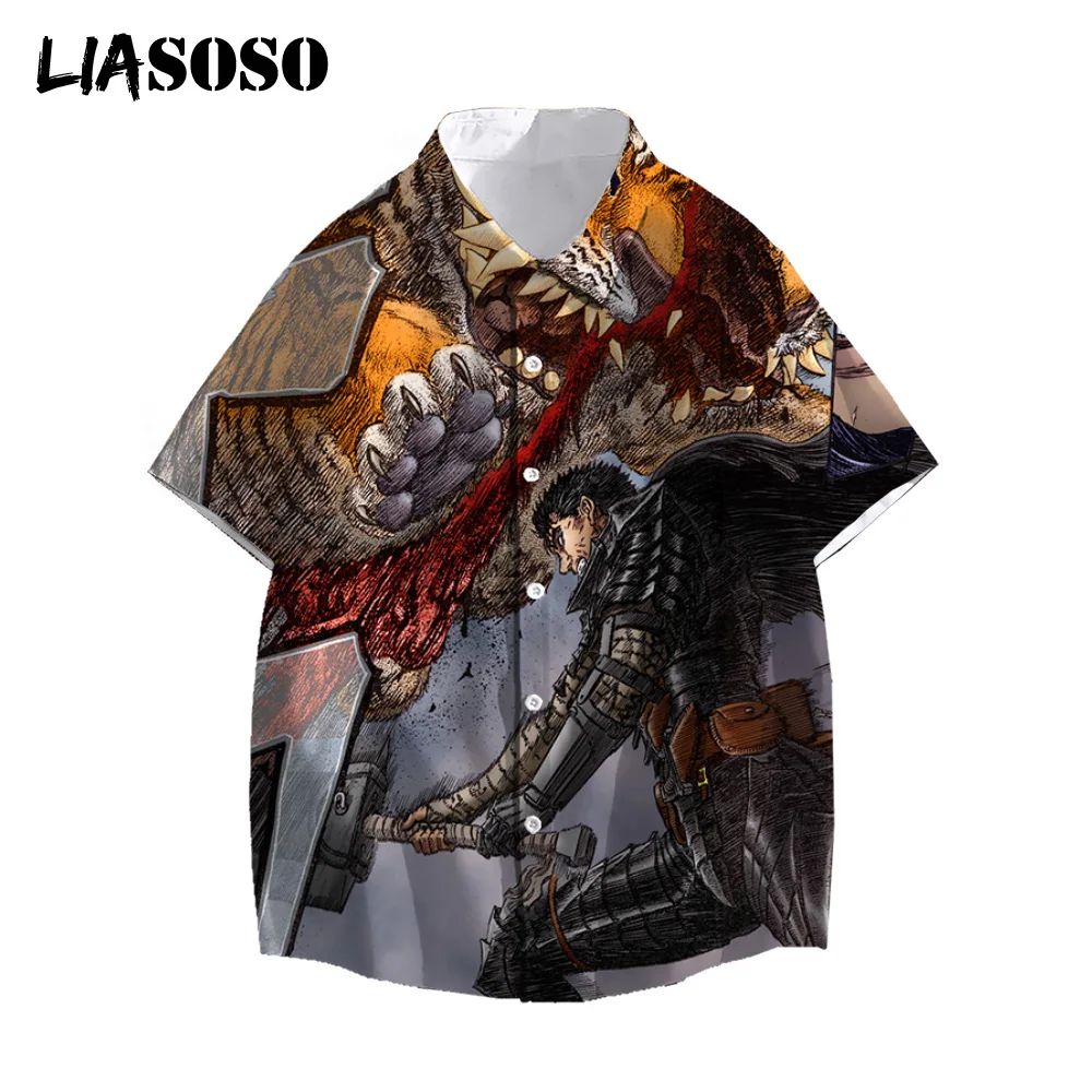 

LIASOSO Manga Berserk Guts Griffith Print Shirt Men Templar Short Sleeve Comics Shirt middle Ages Swordsman Tees Anime Clothes