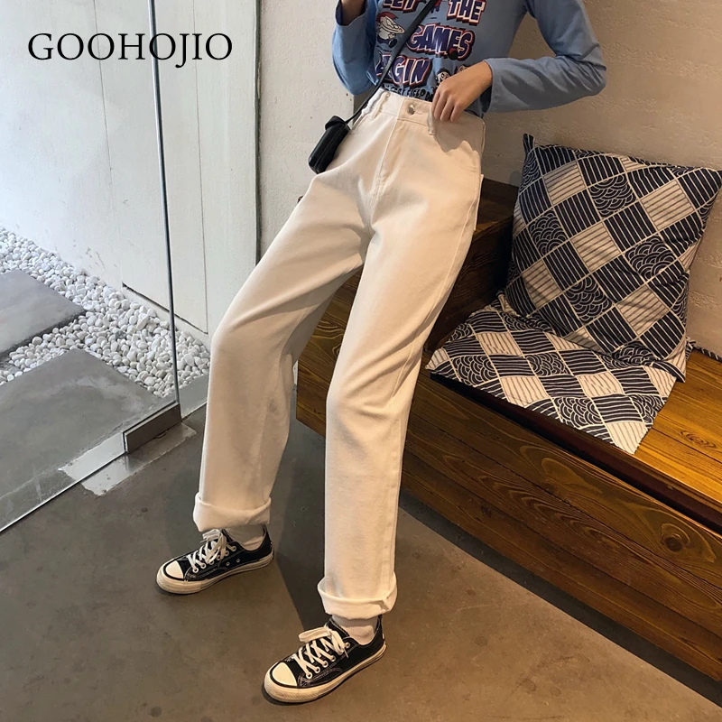 

GOOHOJIO 2021 New Spring and Autumn Solid Color Chic Jeans Women Straight Cowboy Trousers High Waist Wide Leg Pants for Women