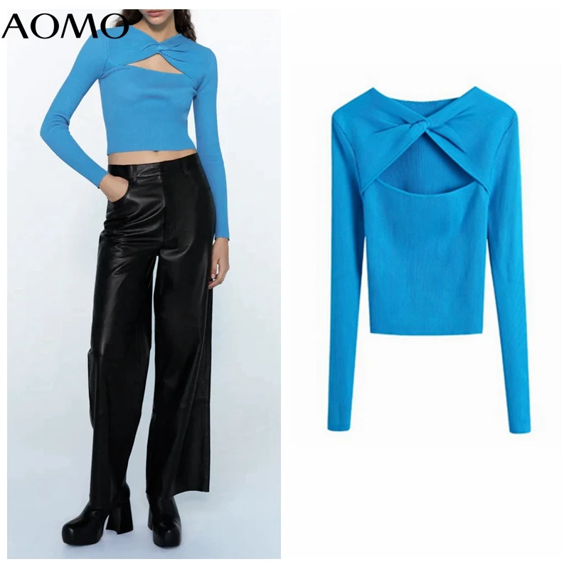 

AOMO Women Fashion Blue Sexy Knot Hollow Out Knit Sweater Vintage Long Sleeve Female Pullovers BE159A