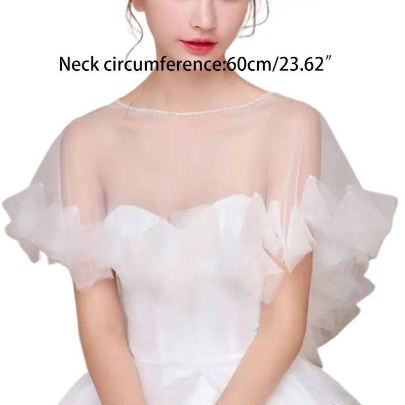 

Womens Wedding Cape Sheer Tulle Ruffles Trim Bridal Capelet Bolero 1920S Ladies Pullover Crew Neck Shrug Wrap for Dress Cover Up