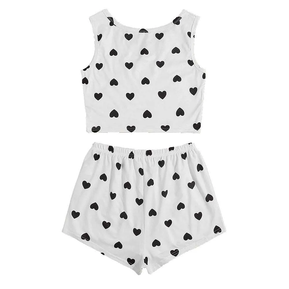 

Black Hearts Print Women Sleepsuits V Neck Sleeveless Crop Tank Top 2pcs Set Elastic Waist Shorts Comfortable Sleepingwear