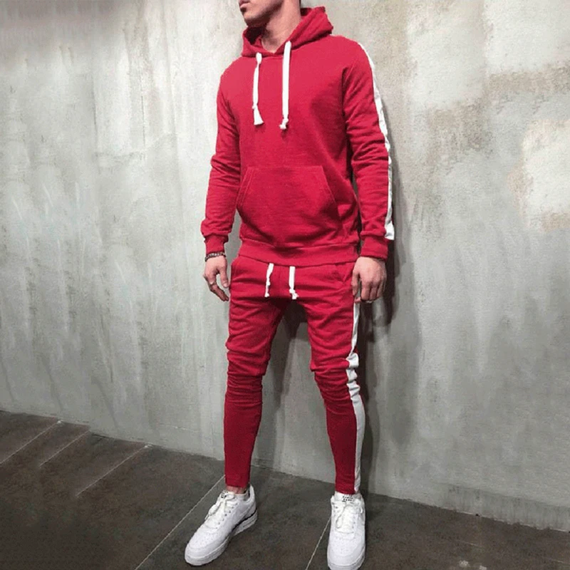 

Tracksuit Men 2 Pieces Sets 2021 Brand Autumn Winter Hooded Sweatshirt +Drawstring Pants Male Stripe Patchwork Hoodies