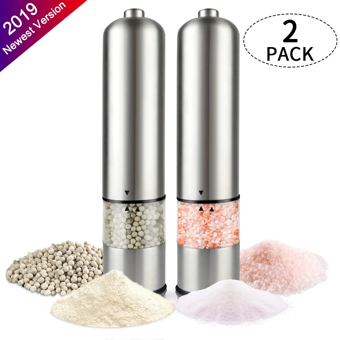 2PCS 2 шт. электрическая мельница для перца, мельница для соли и перца, набор из нержавеющей стали, нижняя часть с крышкой лампы, батарея, соль, мясорубка, кухонные инструменты - Цвет: 2PCS