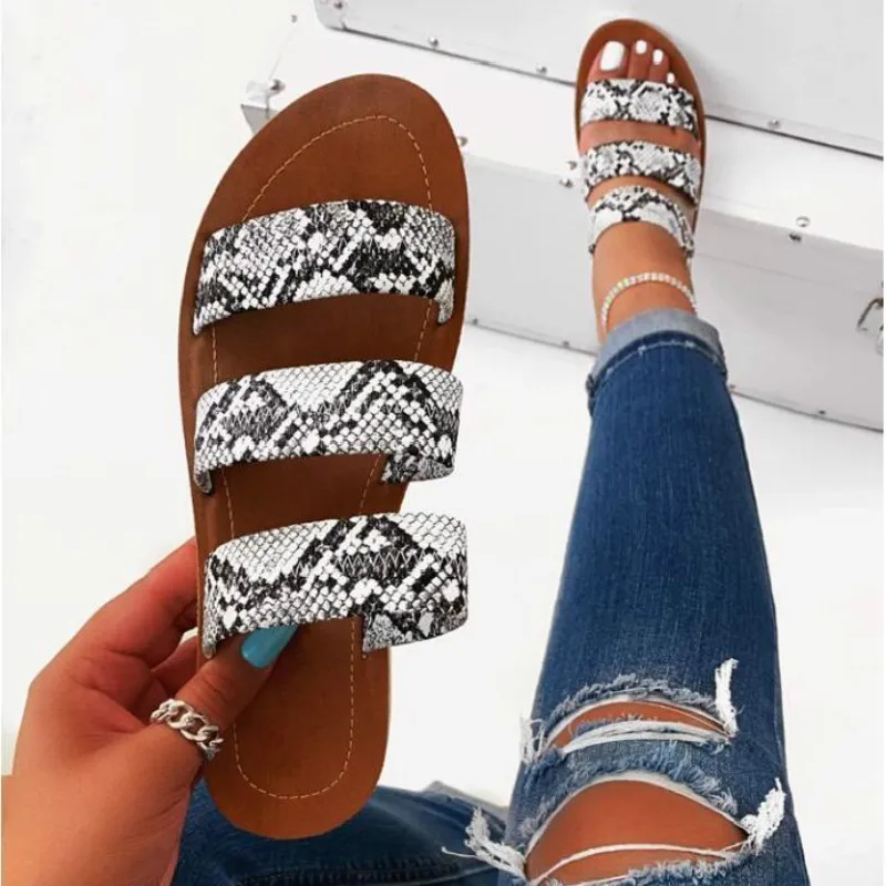 

2019 Fashion Women's Shoes Sandals Flat Summer Simple Snake Slippers Leather Flat Female Slides Comfort For Outdoor