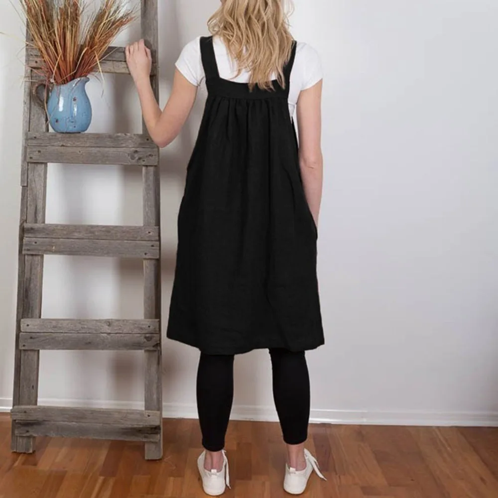 

hot Women new fashion Square Cross Cotton Work Pinafore Casual Loose Solid apron Dresses female black dress vetement femme