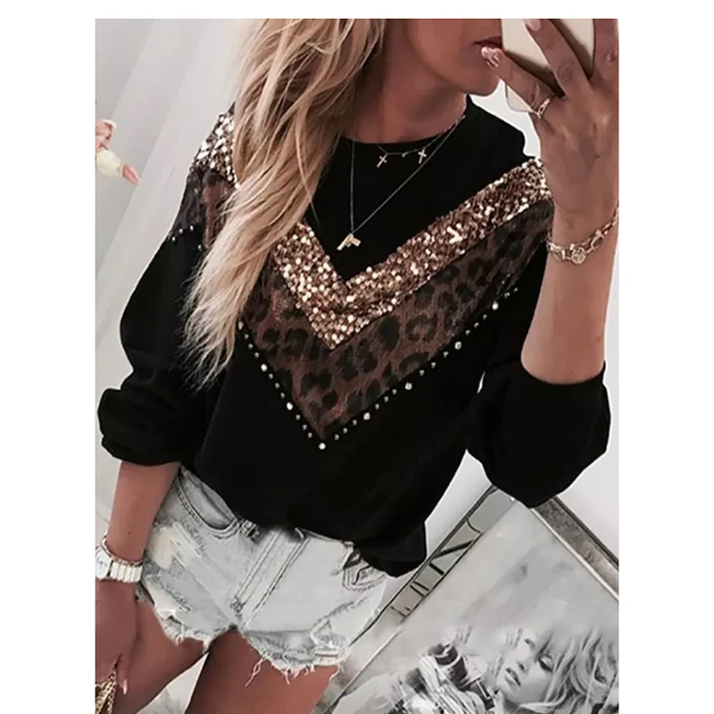 Женский леопардовый свитер с блестками Свободный пуловер длинными рукавами