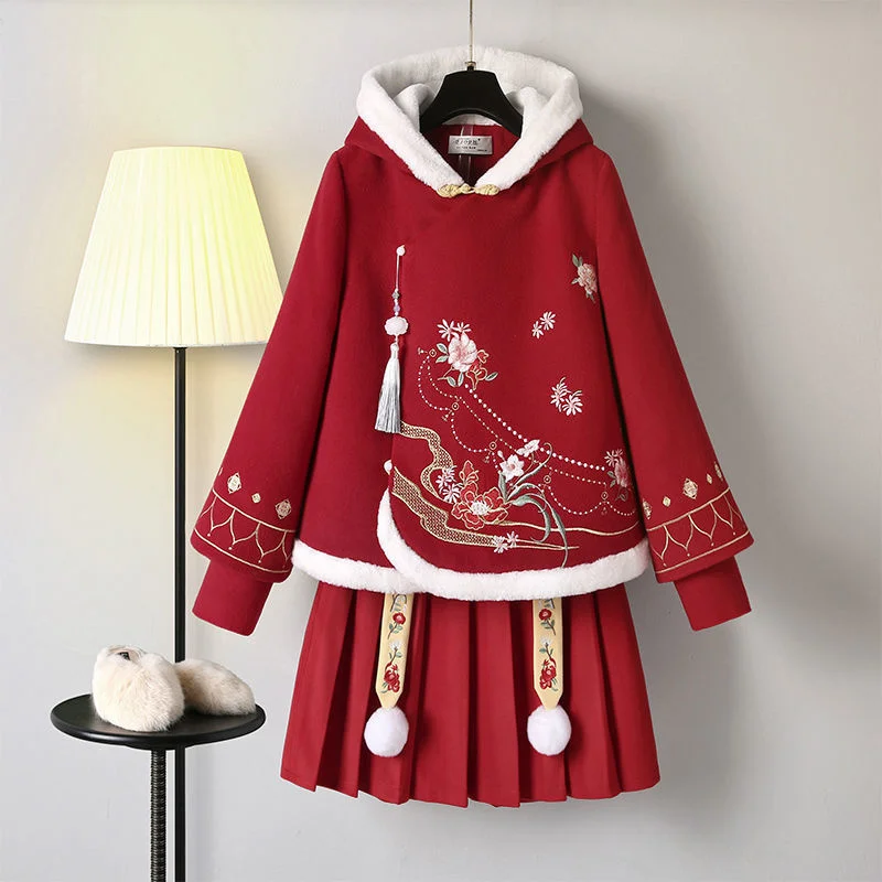 

Women Hanfu Winter Modern Embroidery Red Top Hoodies Cotton Warm Chinese Pleated Skirt Plus Size Girl Fairy Cosplay Costumes