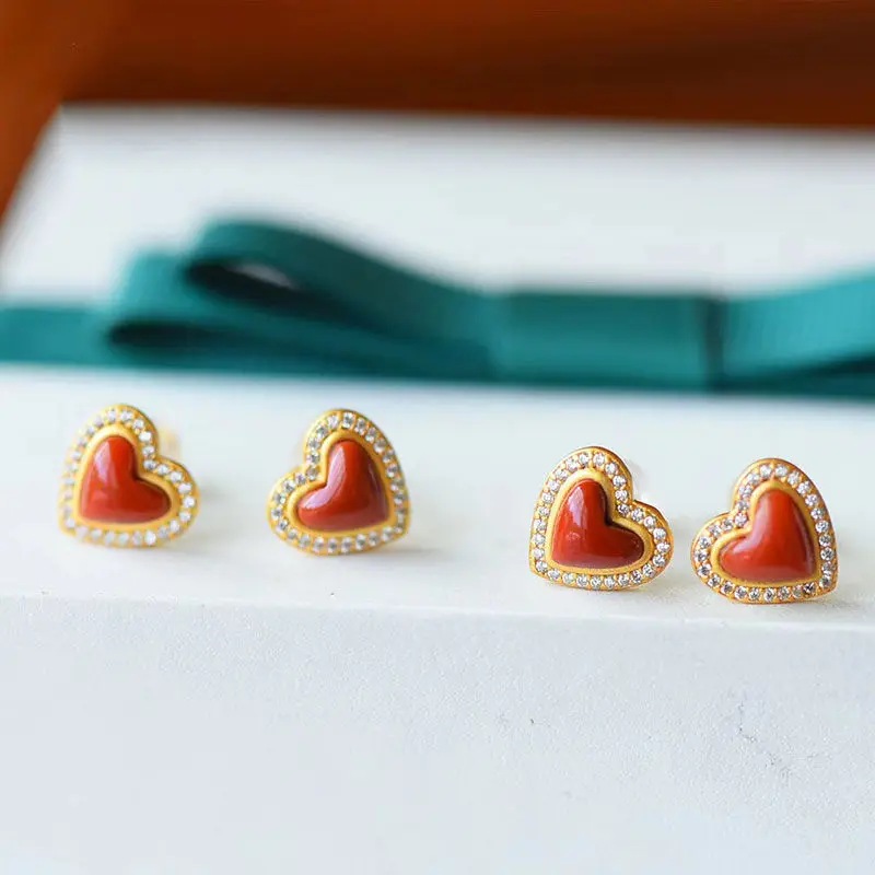 

"Red Heart" Natural South Red Agate Love Heart Stud Earrings S925 Sterling Silver Simple Small Heart-Shaped Ear Rings Goddess