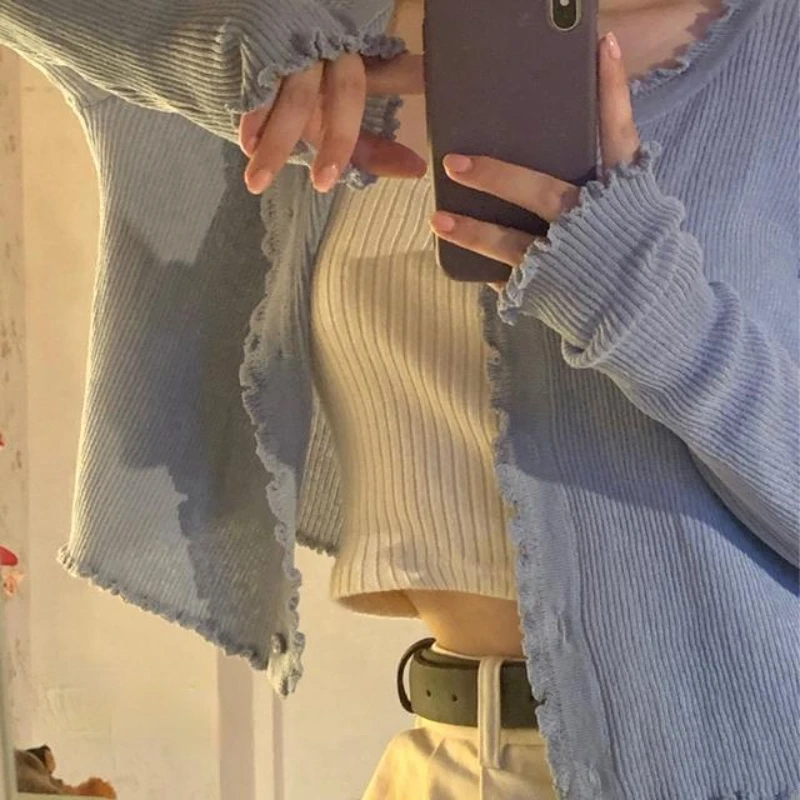 

Slim Cardigan Women Solid Full Length Ruched Crop Knitted Sweet College Comfortable Elegant Single Breasted Chic Summer Female