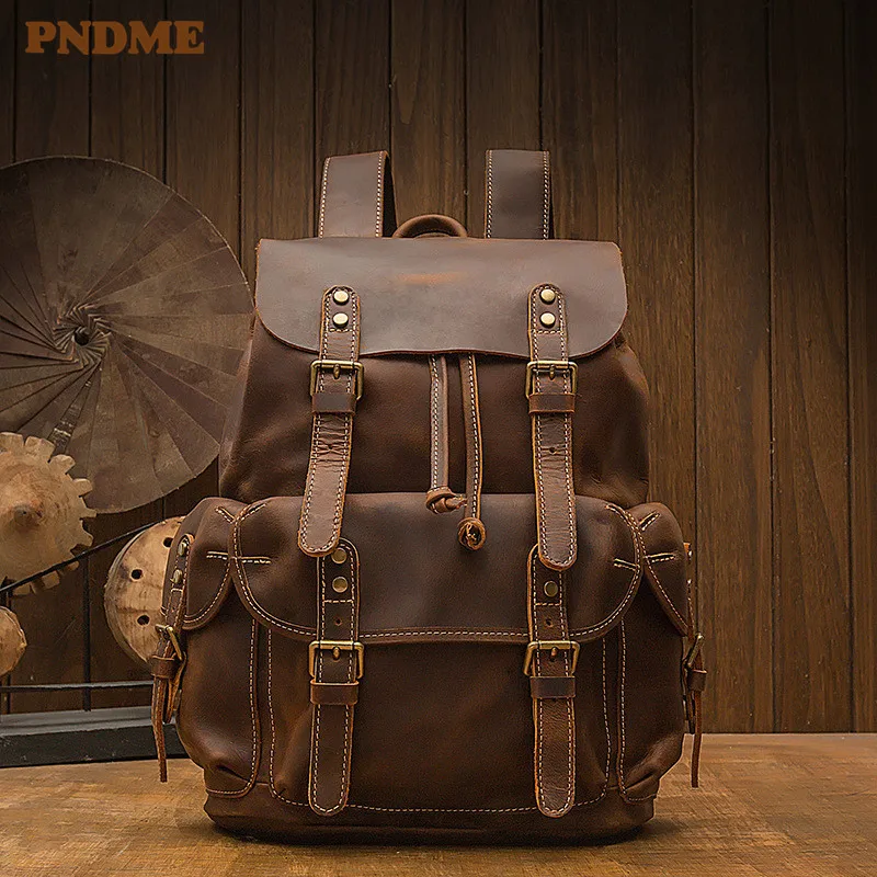 Outdoor travel genuine leather men's large-capacity backpack fashion vintage natural crazy horse leather casual student bookbag