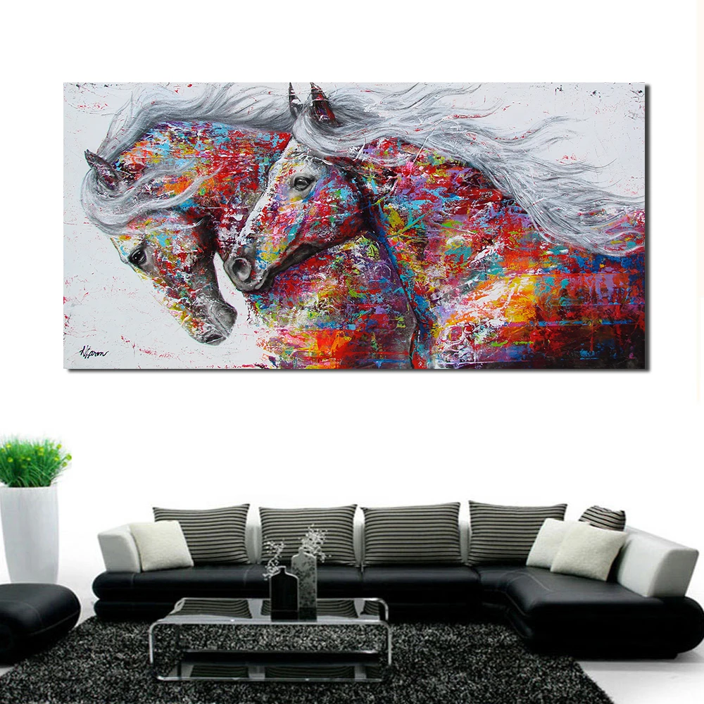 

JQHYART Printed Painting Animal Wall Canvas Art Pictures For Living Room Home Decor Posters The Two Running Horse No Frame