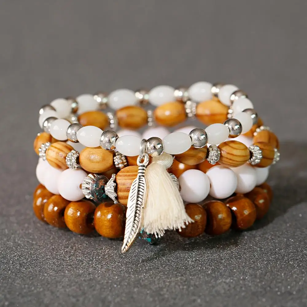 

Wooden Beaded Charms Bracelets For Women Jewelry Tassel Silver Color Leaf Bracelet Stone Wristband Bangles For Party 4pcs/Set