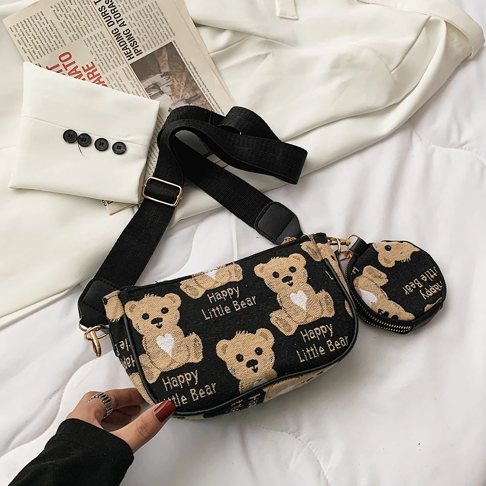 

Fashion Women Houndstooth Bear Pattern Printing Shoulder Crossbody Bag Handbags Casual Ladies Round Purse 2pcs Composite Bags
