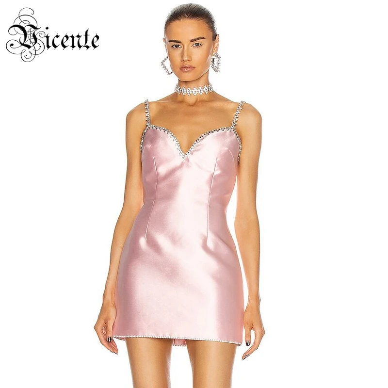 

VC Trendy Satin Slip Dress Crystal Beads Embellished Sexy V Neck Sleeveless Celebrity Party Club Vestido Free Shipping
