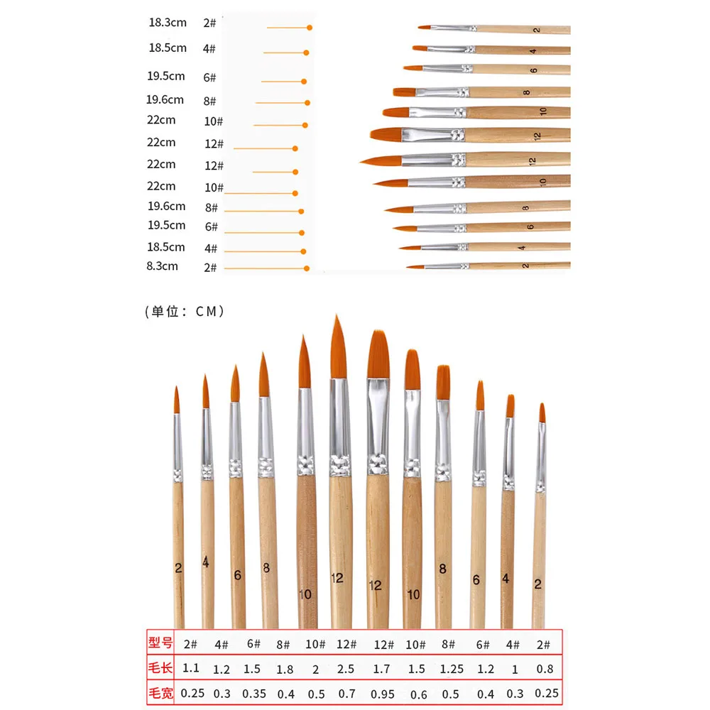 

12pcs/lot Paint Brush Different Size Log Color Nylon Hair Oil Painting Brushes Set For Watercolor Acrylic Drawing Art Supplie