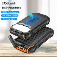 pd20w solar power bank 33500mah fast qi wireless charger powerbank for iphone 12 samsung s21 xiaomi poverbank with camping light