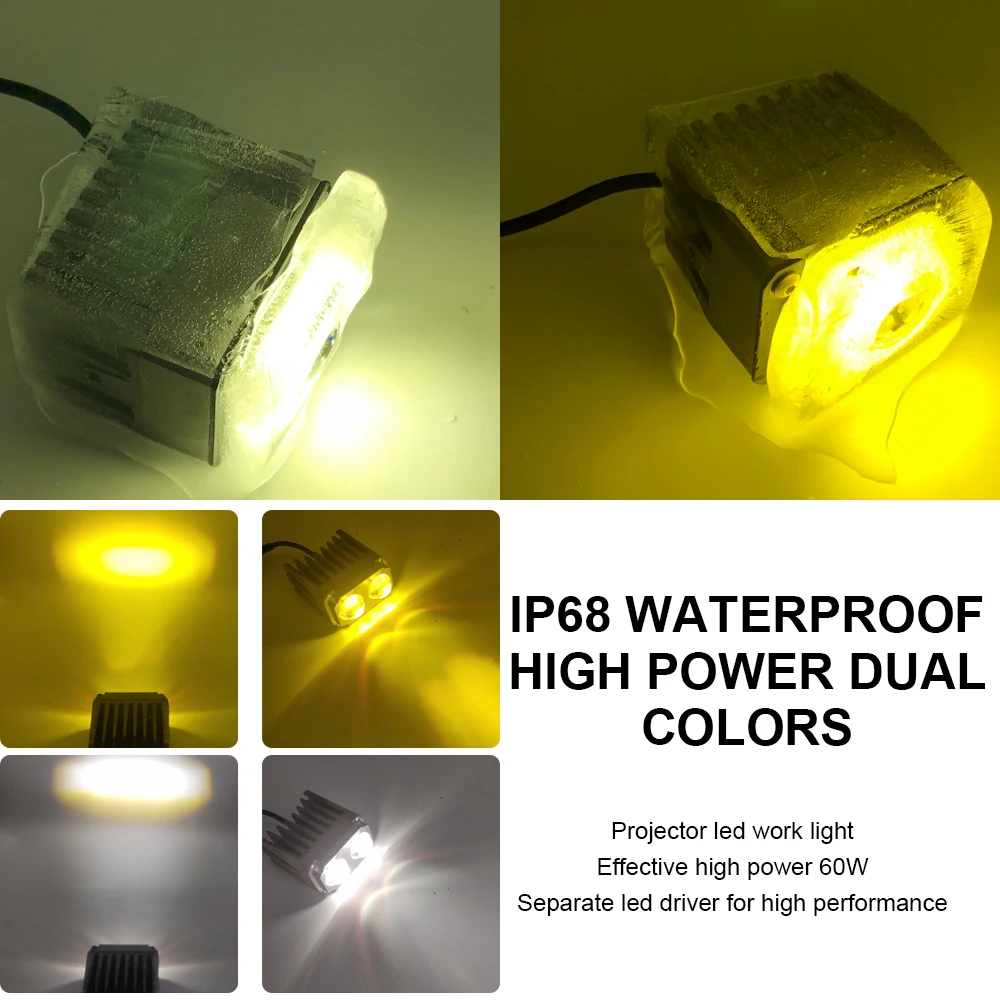 

60W Square LED Work Light 12V White Amber Projector Lens Working Driving lights for Car 4WD ATV SUV UTV Motorcycle 4X4 Auto Offr