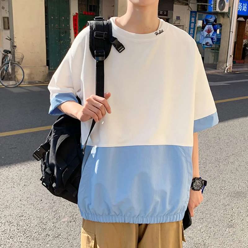 

Summer Spliced Hit Color Short Sleeve Men T Shirts Elastic Waist Fashion Popularity Couples Loose O Neck Clothing Oversized Tops