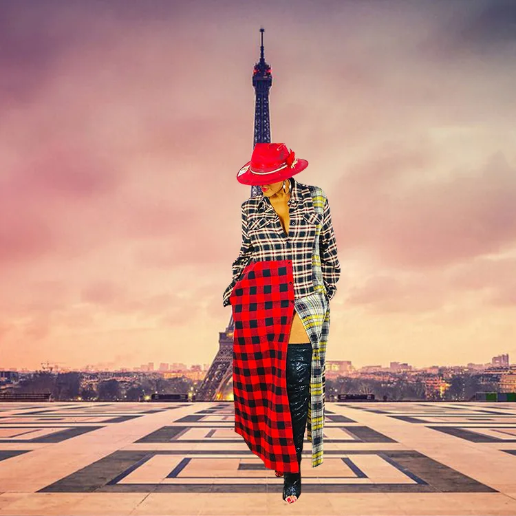 

Women's Plaid Long Sleeve Empire Waist Full Length Maxi Dress with Pockets