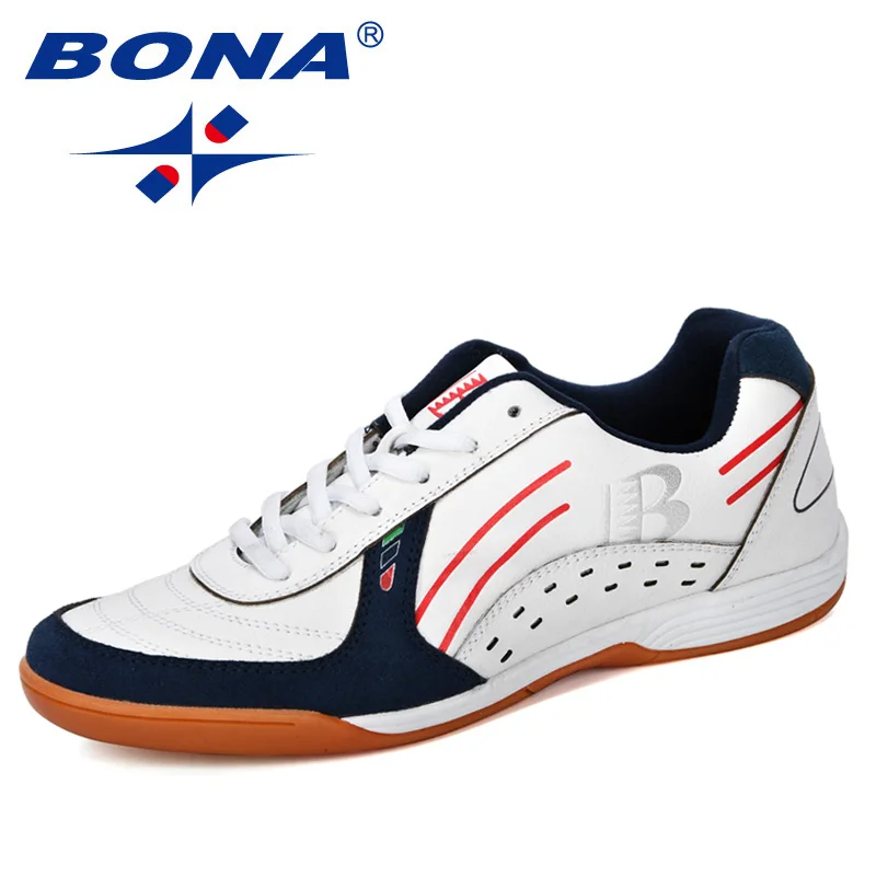 White deep blue BONA новые дизайнерские мужские футбольные туфли спортивный для футбола кожаные тренировочные футбольные кроссовки мужские беговые треккинговые кроссовки - Цвет: White deep blue