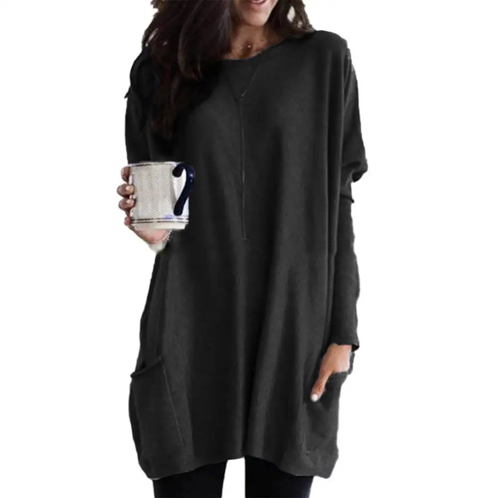 

Plus Size Women Solid Color O-Neck Long Sleeve T-Shirt Tunic Top with Pockets