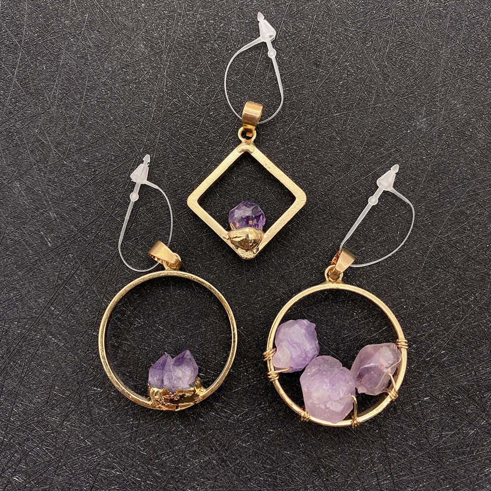 

1pcs Natural Stone Amethyst Pendant Round Diamond Purple Jewelry Crafts Necklace Accessories Pendant Hollow Charm Gift Female