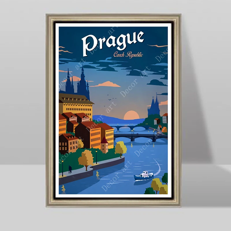 Чехословакия Прага закат квадратный путешествия холст картины винтажные стены