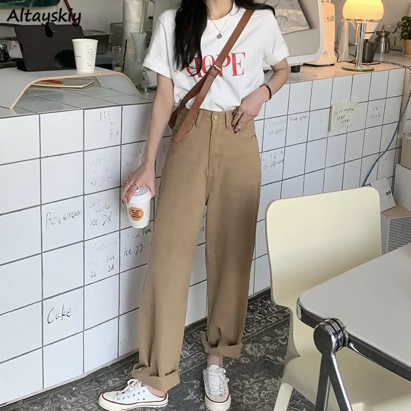 

Khaki Straight Jeans Women Loose Fashion All-math Denim Trousers Spring Female Simple Solid Retro Daily Korean Style OL Harajuku