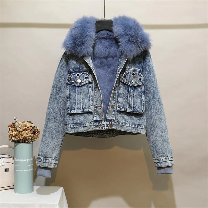 

Winter New 3XL Women Denim Parka Real Fox Fur Collar Rabbit Fur Lining Cowboy Jacket Large Size Short Washed Distressed Coat