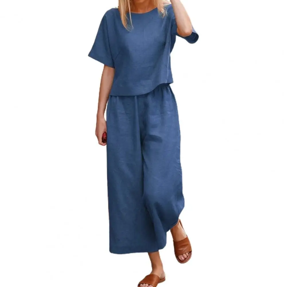 

Women Outfit Solid Color Wide Leg Two-piece Round Neck Short Sleeve T-shirt Cropped Pants for Daily Wear
