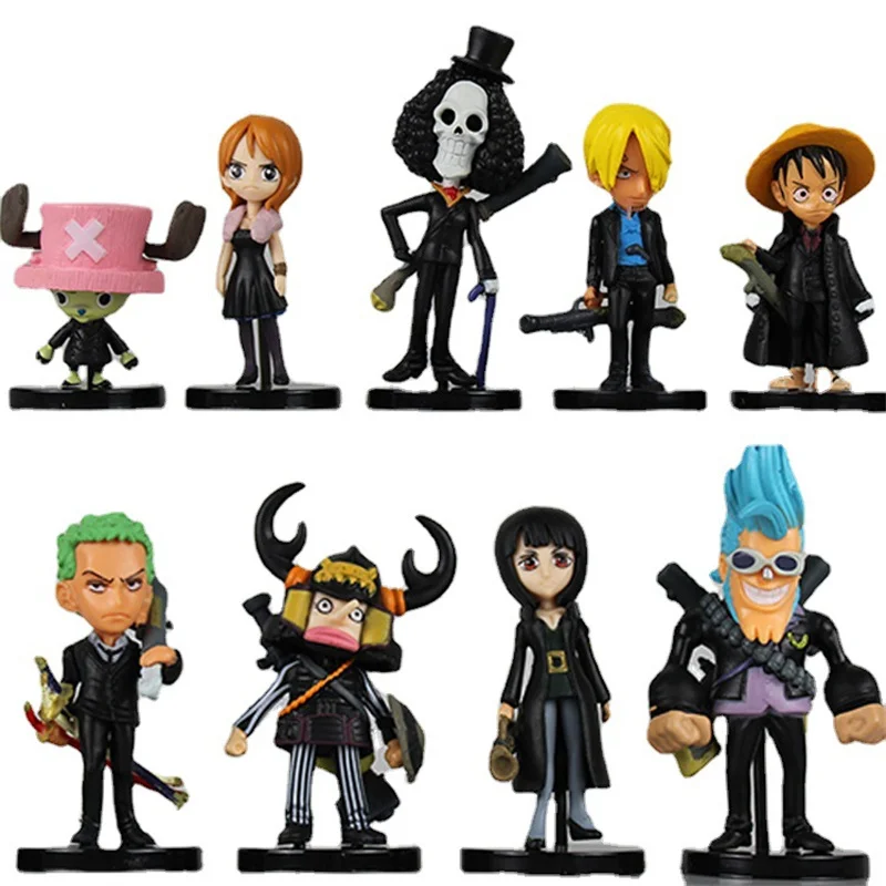 

9 Pcs/Lot Anime Q Version Black Clothes One Piece Luffy Zoro Nami Usopp Pvc Figure Desk Cake Car Model Decoration Collection