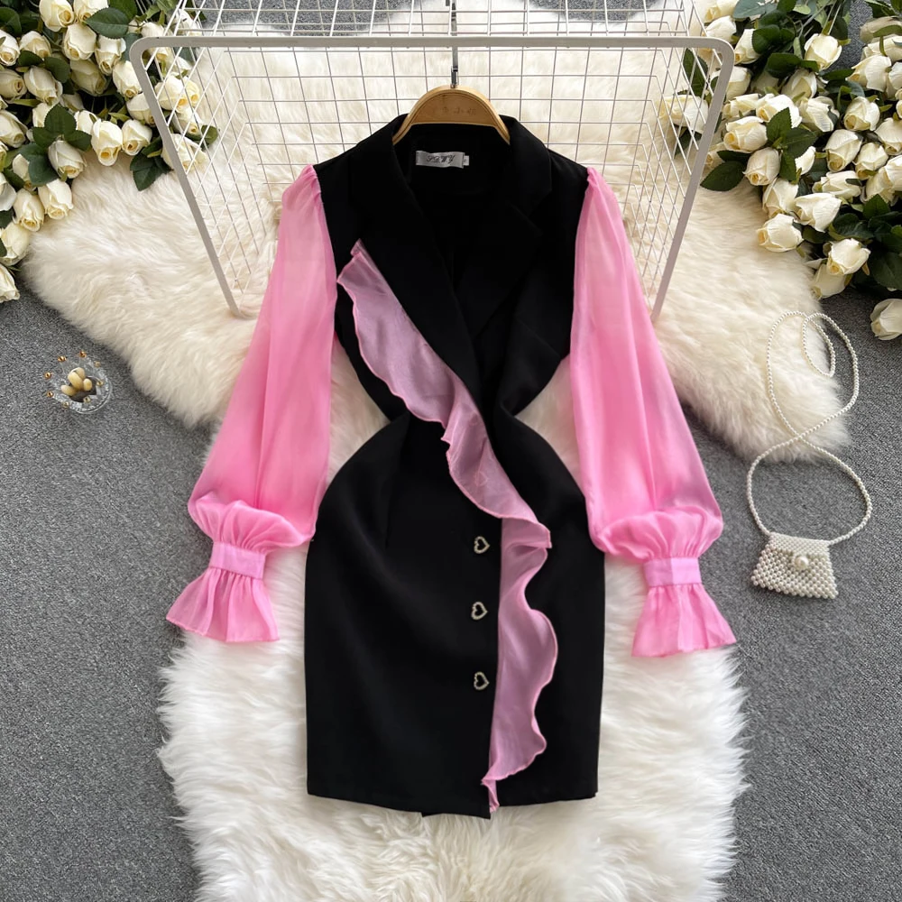 

Осеннее женское черное облегающее мини-платье, элегантное платье с отложным воротником и длинными рукавами-фонариками, женское платье в ст...