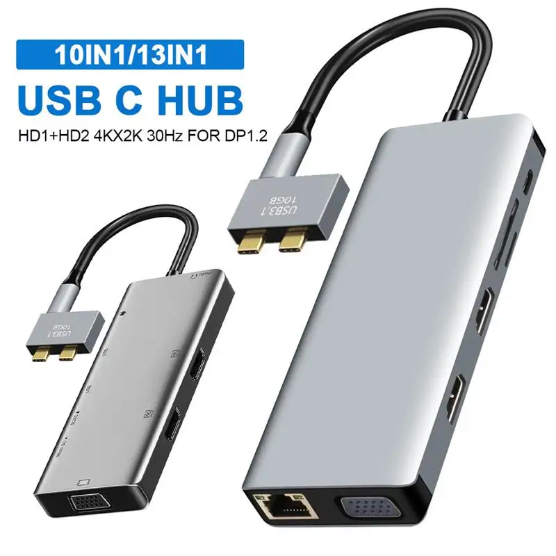 

10in1 USB C HUB USB 3.0 Docking Station Dual Type C TO HDMI-Compatible/VGA Dock SD TF Card Reader Extender Splitter for Macbook