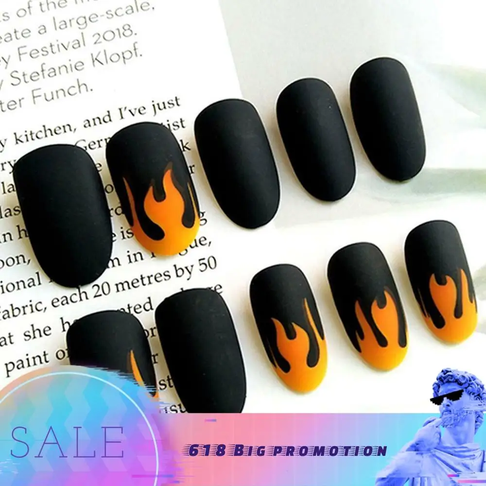 24 шт./компл. матовые накладные ногти в стиле панк с изображением огня темно-черные