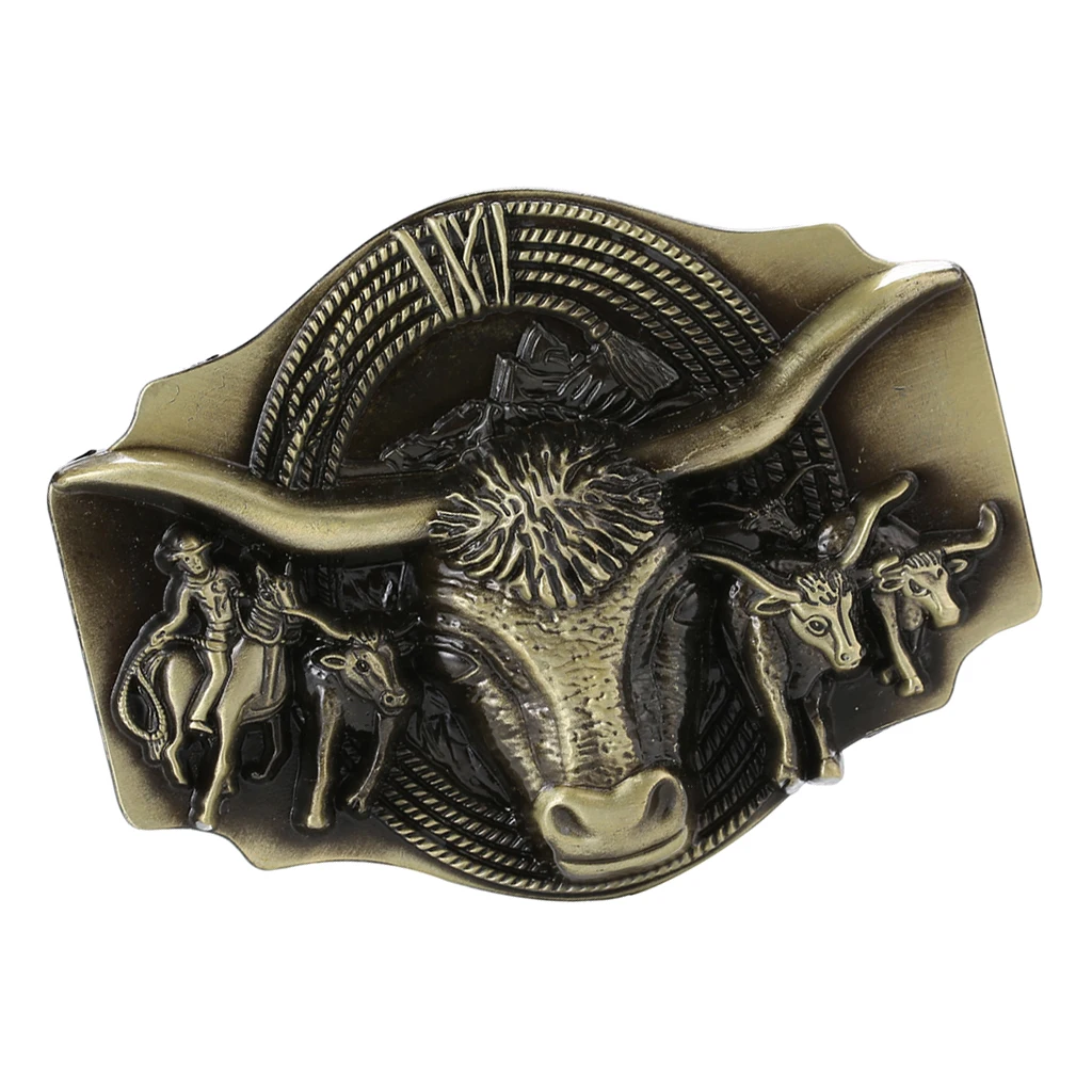 Retro Western Cowboy Belt Buckle Embossed Long Horn Bull Rodeo Bronze |