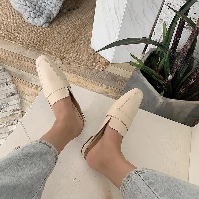 Boussac Vintage Square Toe Women Mules Elegant Party Shoes Slip on Solid Flats SWA0466 | Обувь