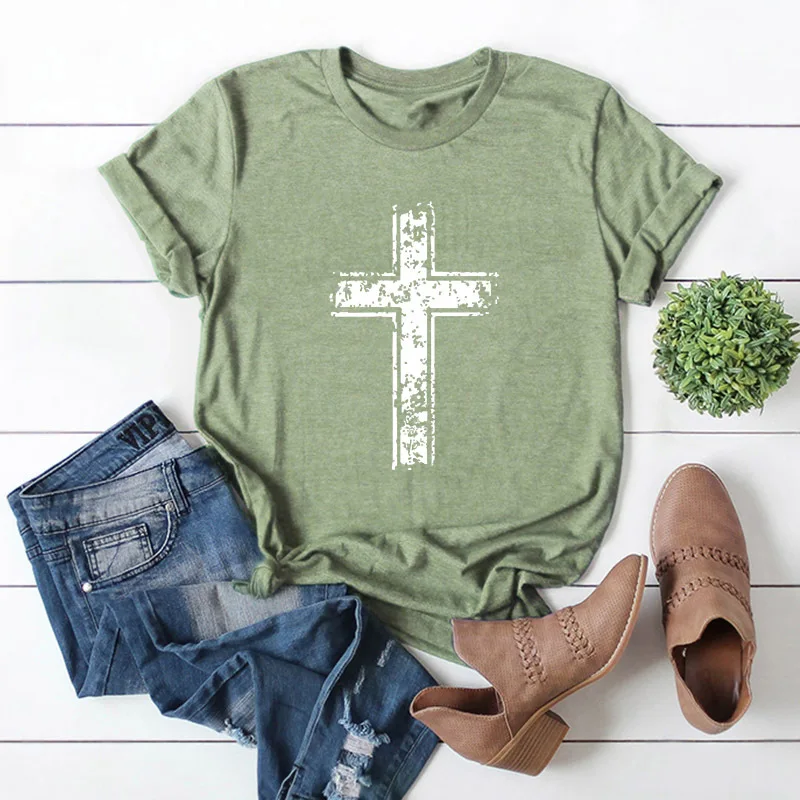 Новые модные Для женщин футболки летние шорты рукавом Винтаж футболка Jesus христианский крест печати Топы Женская футболка плюс Размеры